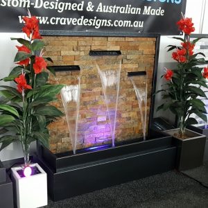 "NARAYAN" 3-spout MICA SUNSET (stacked stone) Powder-coated "Aztec Silver" Water Feature 1200mm (W) x 1220mm (H) x 450mm (D)