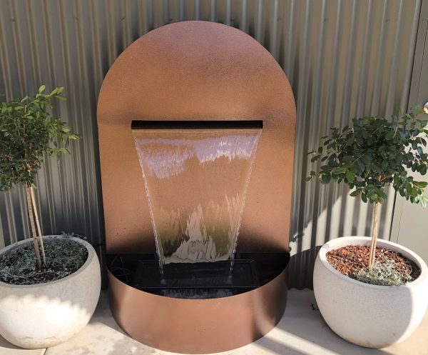 “ANAHITA (Arched)" Stainless steel water feature with “Antique Copper” powder-coated frame