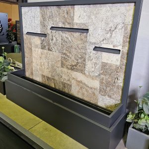 “NARAYAN” 3-spout Silver Travertine French Patterned Tile Water Feature with Powder-coated frame 1800mm (W) x 1500mm (H) x 470mm (D)